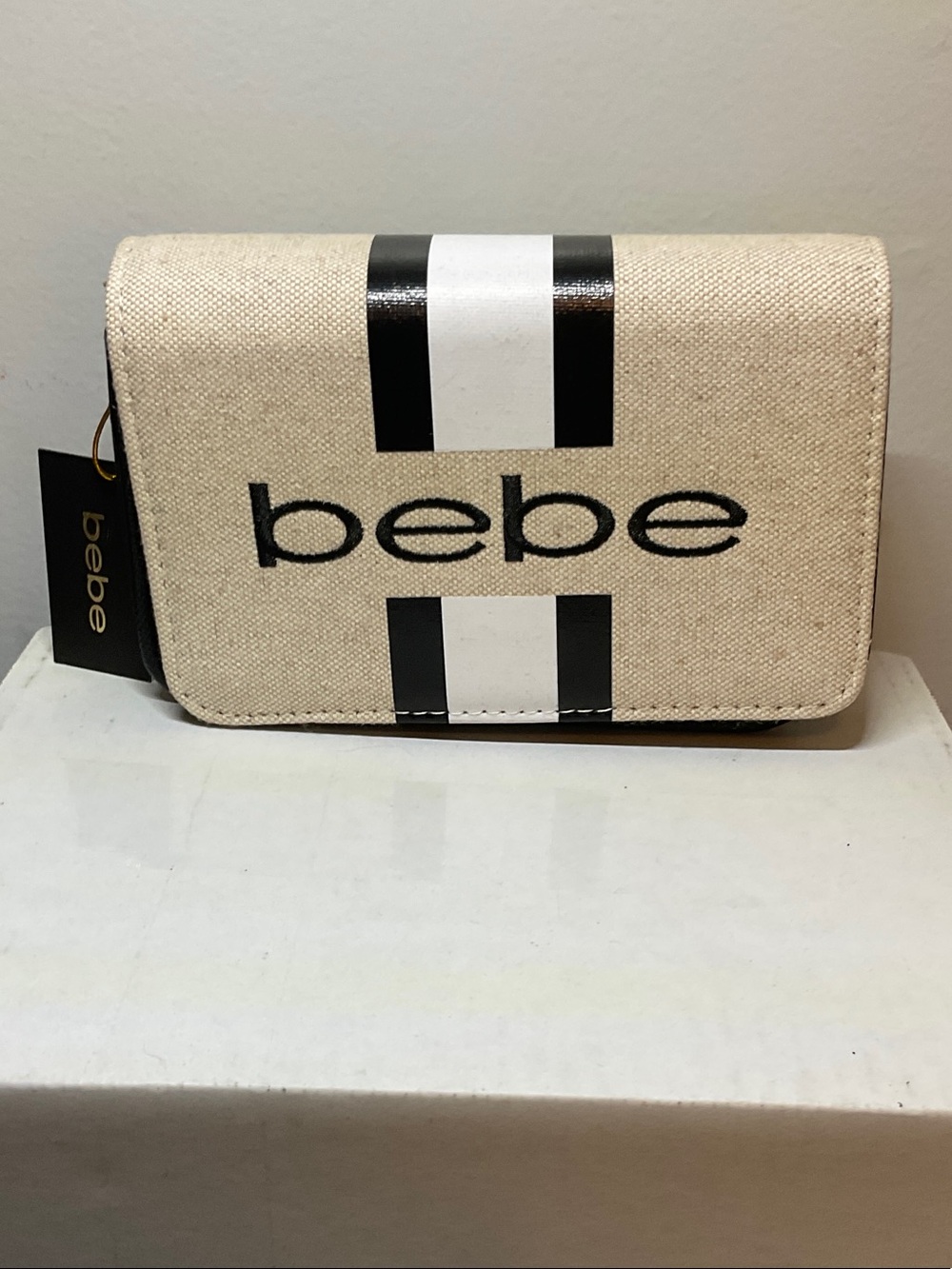 bebe Beige Canvas Wallet with Black & White Stripe Detail